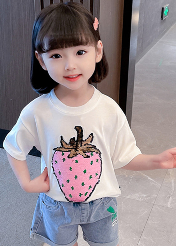 Gradient Color White O-Neck Strawberry Print Girls T Shirts Short Sleeve YU1069