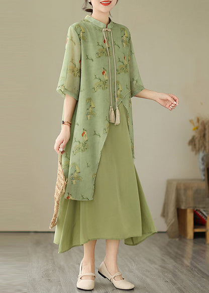 Tasseled Fake Asymmetrical Dresses Print Grass Two Piece Green