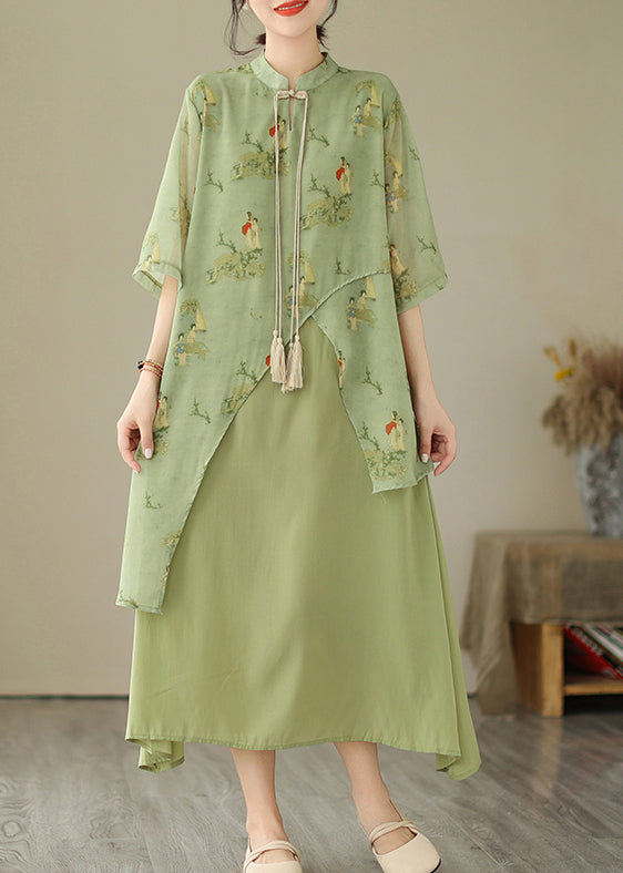 Tasseled Fake Asymmetrical Dresses Print Grass Two Piece Green