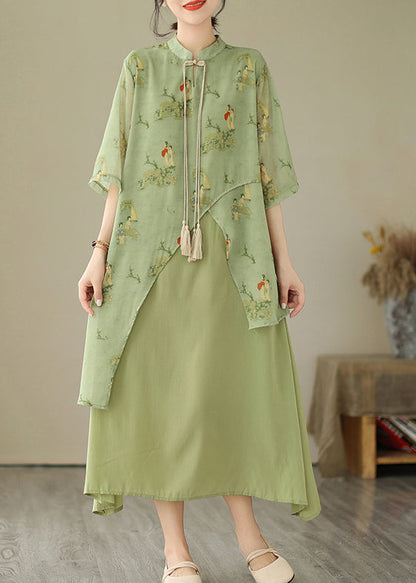 Tasseled Fake Asymmetrical Dresses Print Grass Two Piece Green