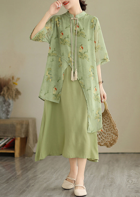 Tasseled Fake Asymmetrical Dresses Print Grass Two Piece Green