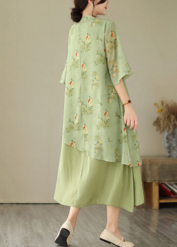 Tasseled Fake Asymmetrical Dresses Print Grass Two Piece Green