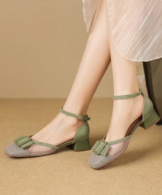 Strap Grass Sandals Chic Chunky Buckle Green Tulle Splicing