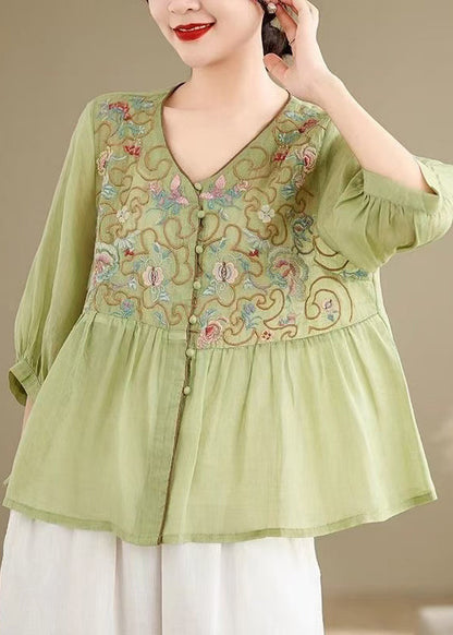 Green Embroidered Button Sleeve Linen Bracelet