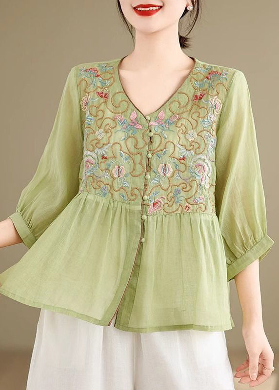 Green Embroidered Button Sleeve Linen Bracelet