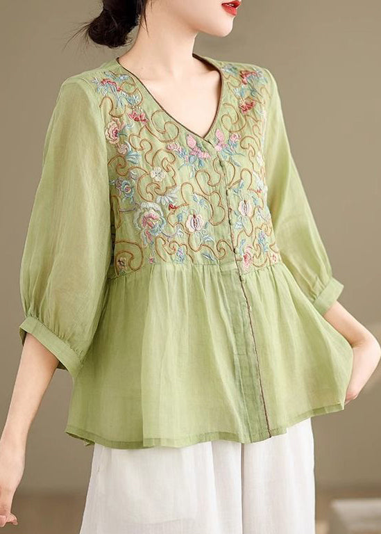 Green Embroidered Button Sleeve Linen Bracelet