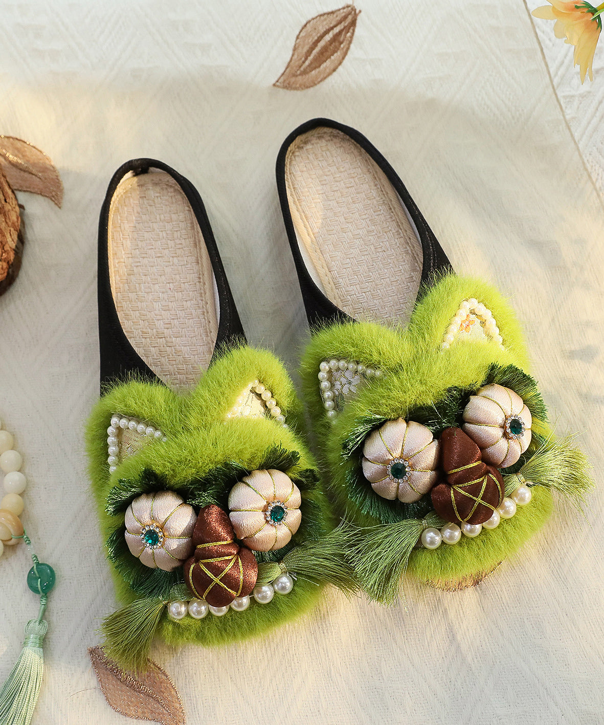 Green Chinese Style Cotton Fabric Slippers Shoes Nail Bead TQ047