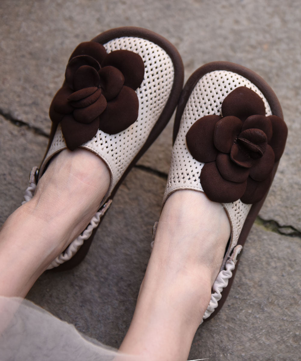 Hollow Green Leather Cowhide Flat Comfy Out Sandals Floral