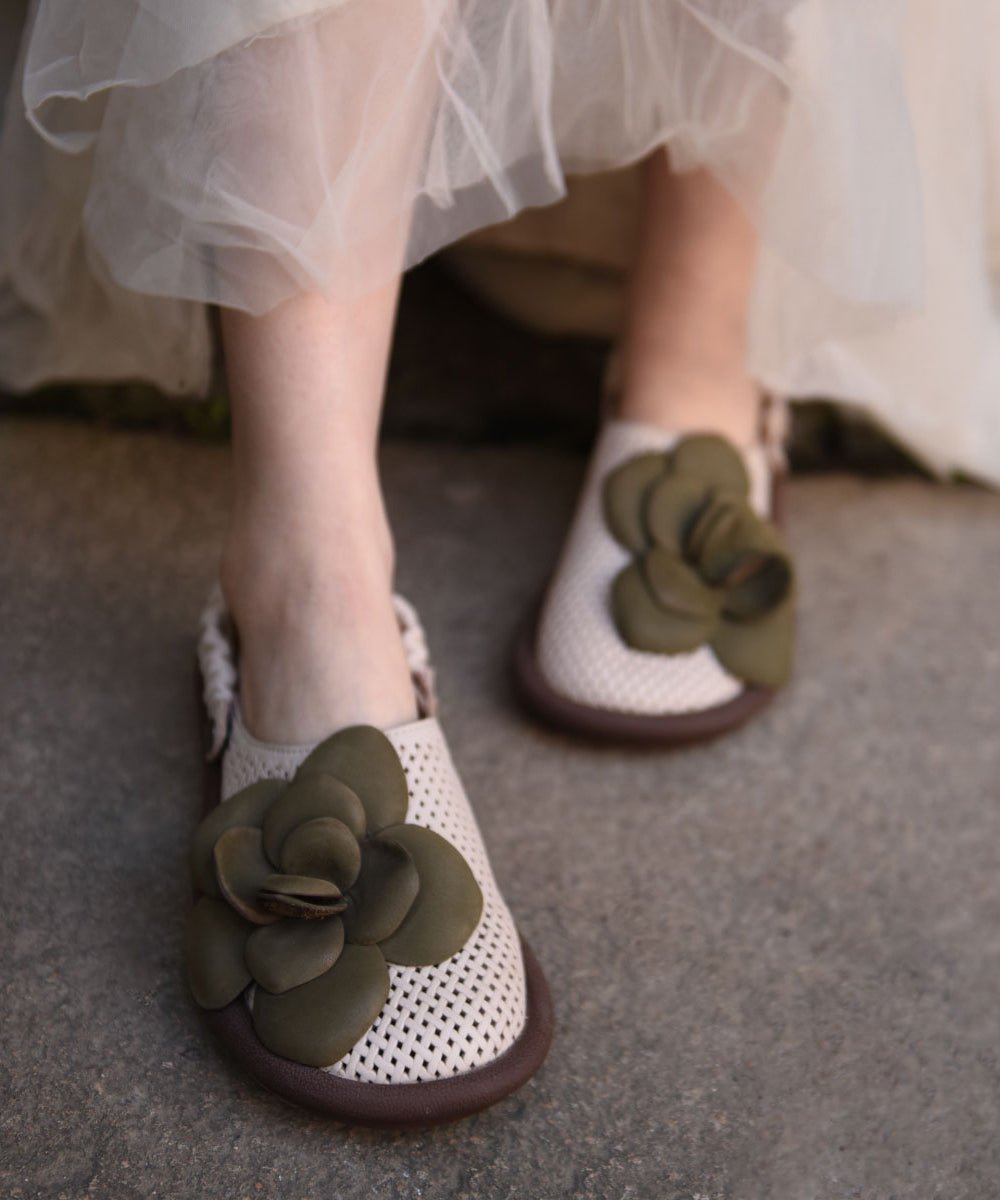 Hollow Green Leather Cowhide Flat Comfy Out Sandals Floral
