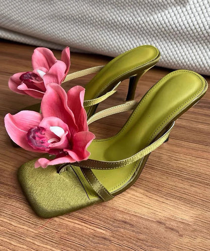 Handmade Sandals Floral Slide Heels Splicing Green High