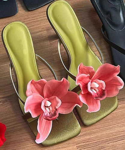 Handmade Sandals Floral Slide Heels Splicing Green High