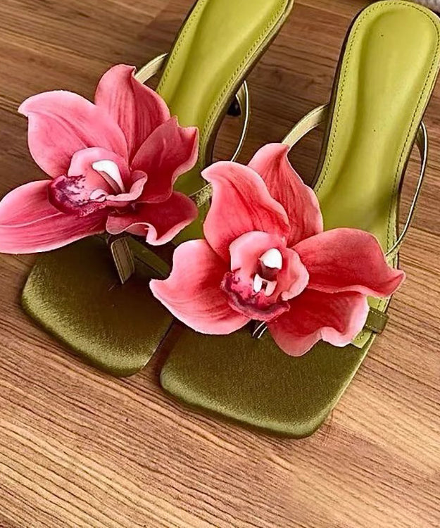 Handmade Sandals Floral Slide Heels Splicing Green High