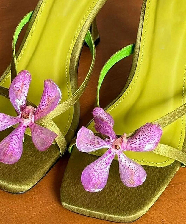 Floral Sandals Toe Peep High Slide Green Splicing Heels