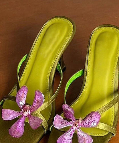 Floral Sandals Toe Peep High Slide Green Splicing Heels