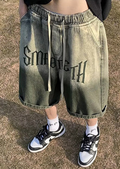 Shorts Pockets Color Green Mens Waist Gradient Elastic Letter
