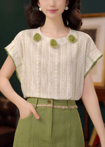 T Summer Neck O Shirts Green Out Hollow Cotton Striped