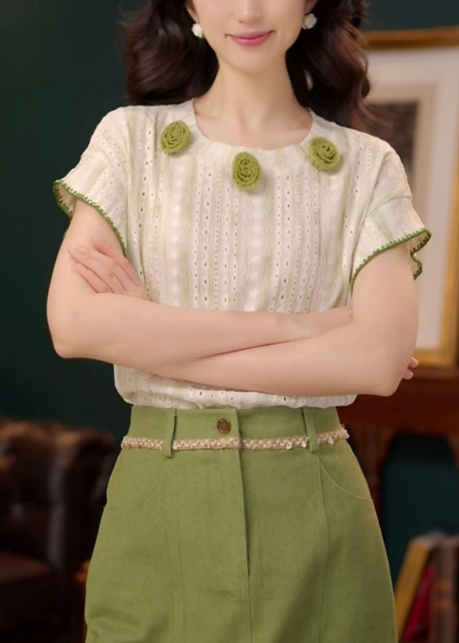 T Summer Neck O Shirts Green Out Hollow Cotton Striped