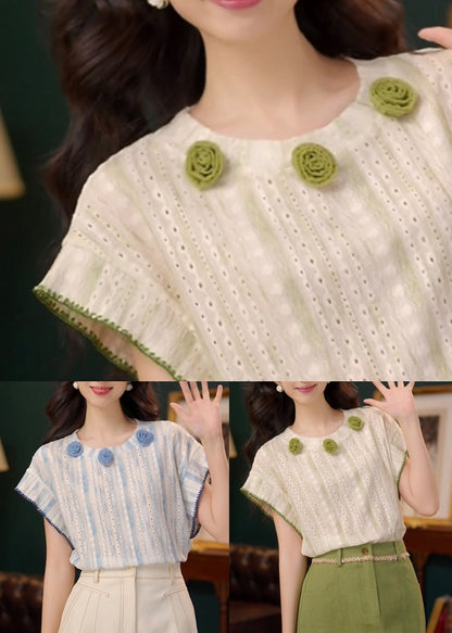 T Summer Neck O Shirts Green Out Hollow Cotton Striped