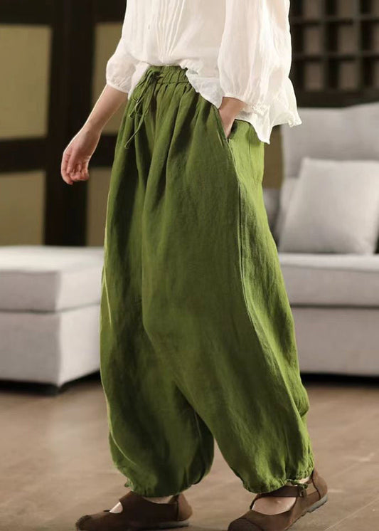 Pants Solid Summer LaceUp Elastic Linen Waist Green Crop