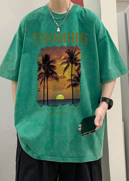 Green Letter Print Cotton Graphic Tees Men O Neck Short Sleeve YL008