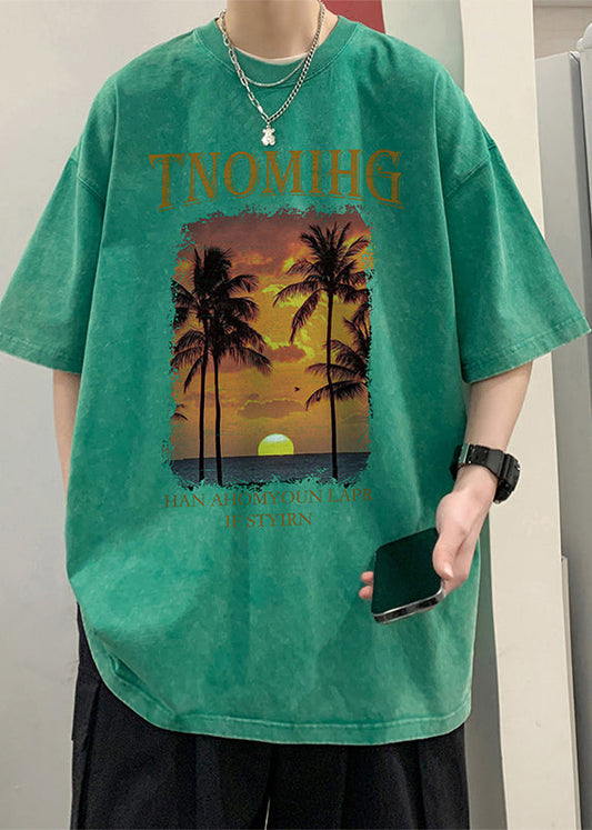 Green Letter Print Cotton Graphic Tees Men O Neck Short Sleeve YL008