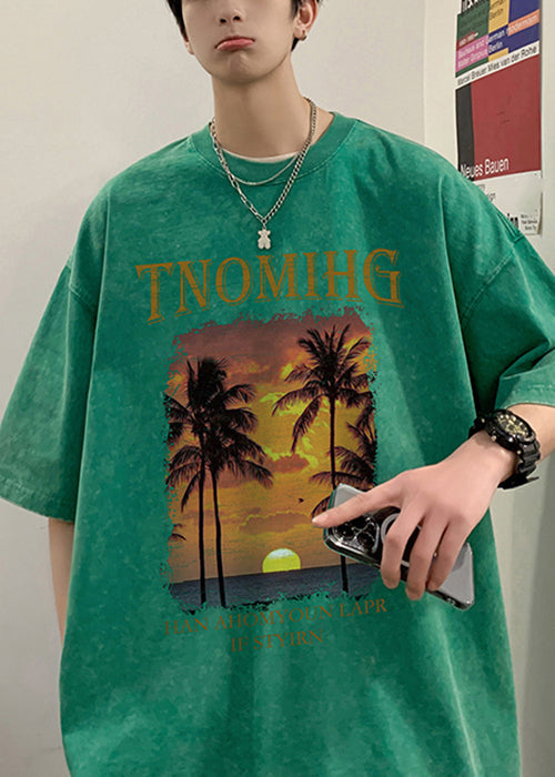 Green Letter Print Cotton Graphic Tees Men O Neck Short Sleeve YL008