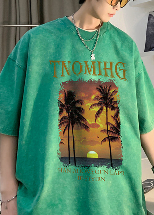 Green Letter Print Cotton Graphic Tees Men O Neck Short Sleeve YL008