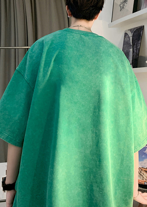 Green Letter Print Cotton Graphic Tees Men O Neck Short Sleeve YL008