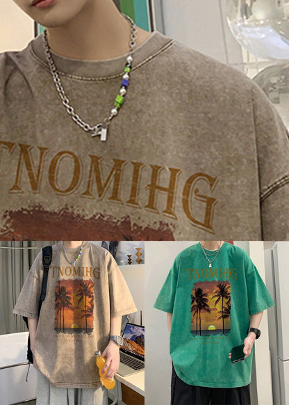 Green Letter Print Cotton Graphic Tees Men O Neck Short Sleeve YL008