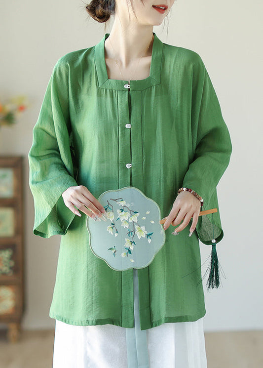 Green Patchwork Button Linen Shirts Long Sleeve AP035