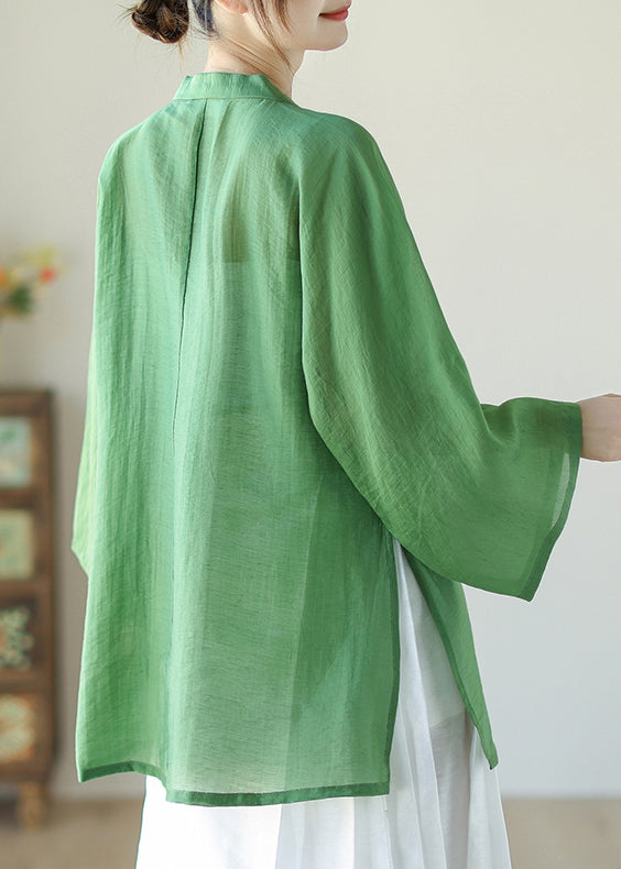 Green Patchwork Button Linen Shirts Long Sleeve AP035