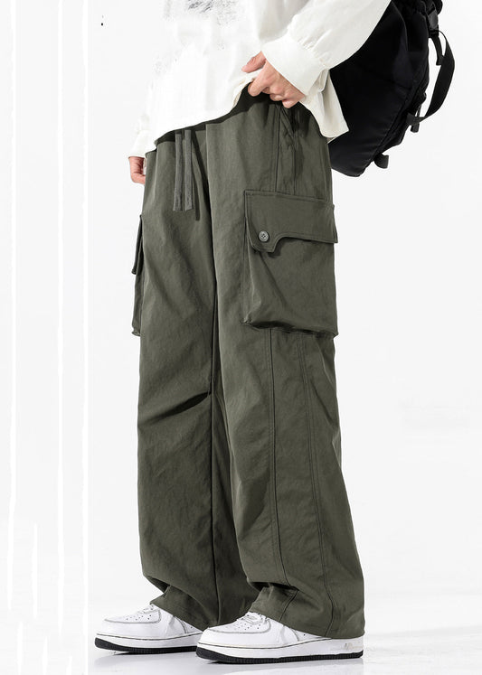 Men Pockets Pants Waist Casual Spring Elastic Cotton Green