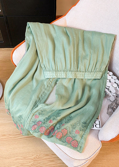 Waist Green Pants Elastic Embroidered Summer Pockets Linen Crop