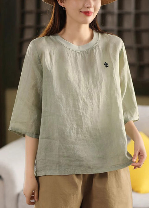 Green Half T Print Sleeve Cozy Linen O Shirt Neck