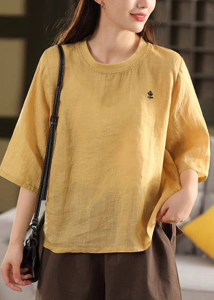 Green Half T Print Sleeve Cozy Linen O Shirt Neck