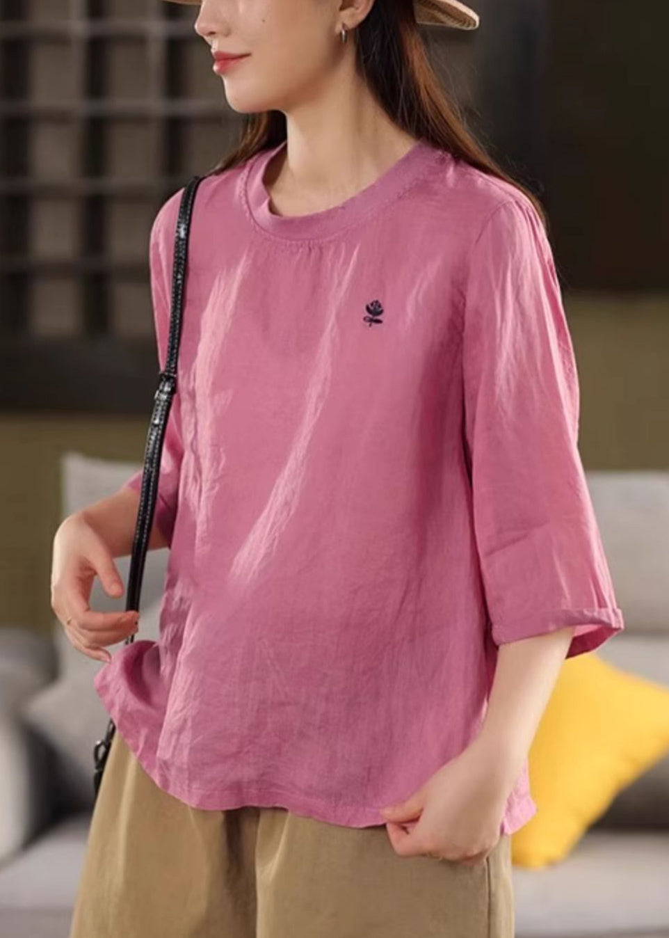 Green Half T Print Sleeve Cozy Linen O Shirt Neck