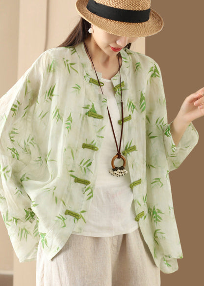 Blouses Button Oversized Summer Green Print Chinese Linen