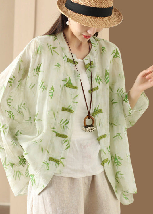 Blouses Button Oversized Summer Green Print Chinese Linen