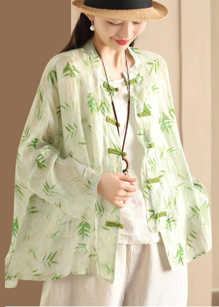 Blouses Button Oversized Summer Green Print Chinese Linen