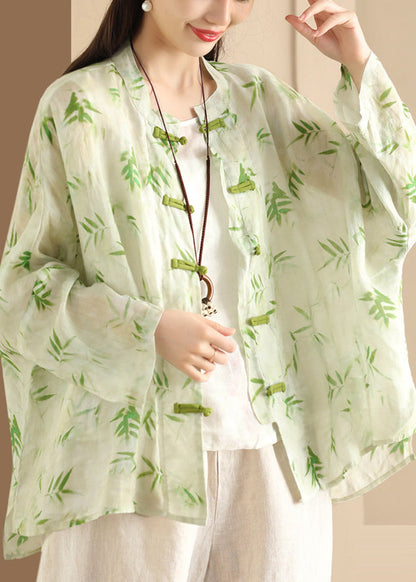 Blouses Button Oversized Summer Green Print Chinese Linen