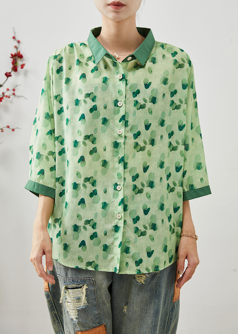 Green Print Linen Shirt Tops Peter Pan Collar Bracelet Sleeve AP1077