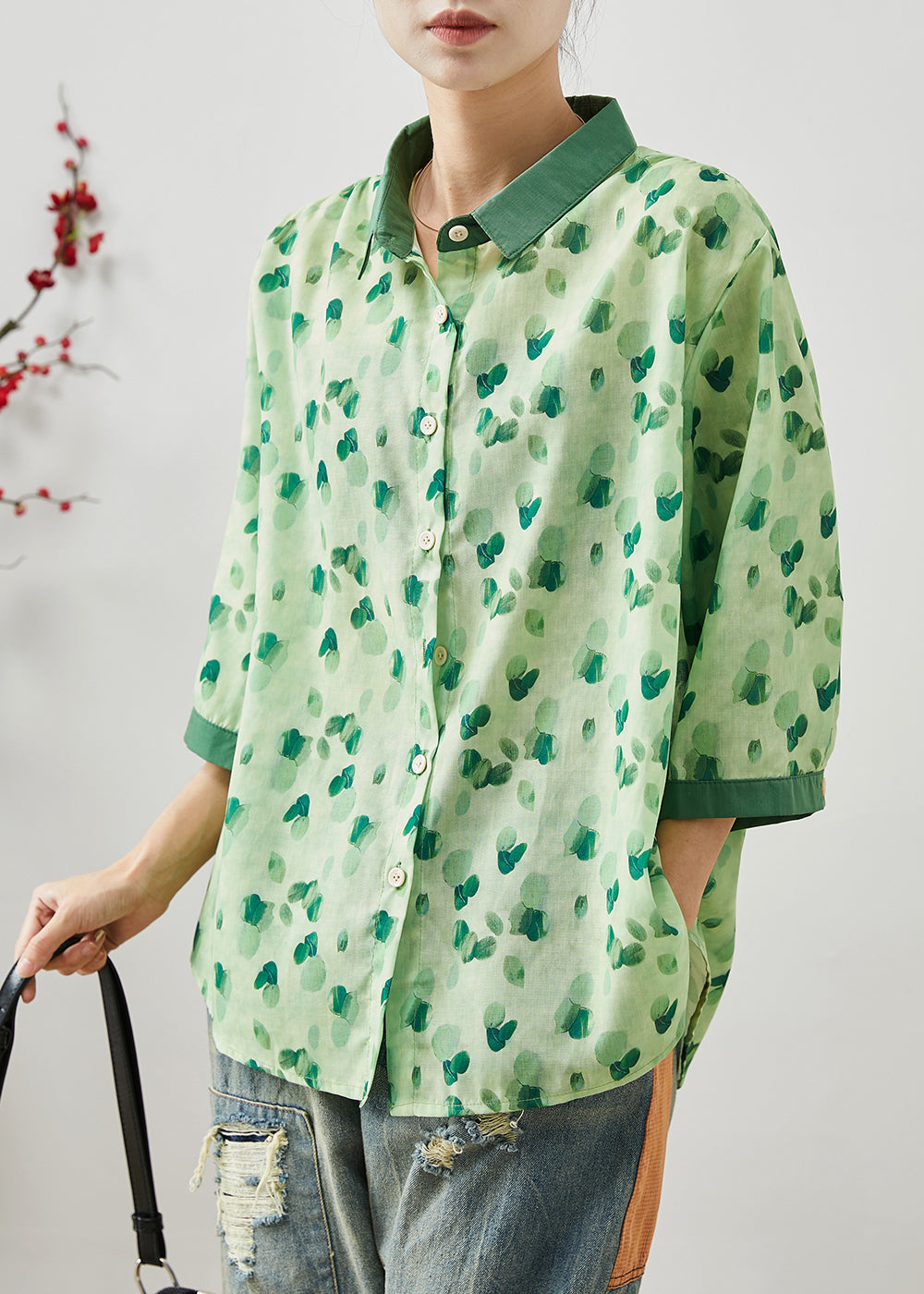 Green Print Linen Shirt Tops Peter Pan Collar Bracelet Sleeve AP1077