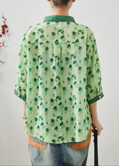 Green Print Linen Shirt Tops Peter Pan Collar Bracelet Sleeve AP1077