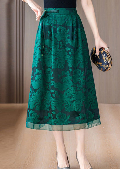 Green Print Silk A Line Skirts Tasseled Summer OO039