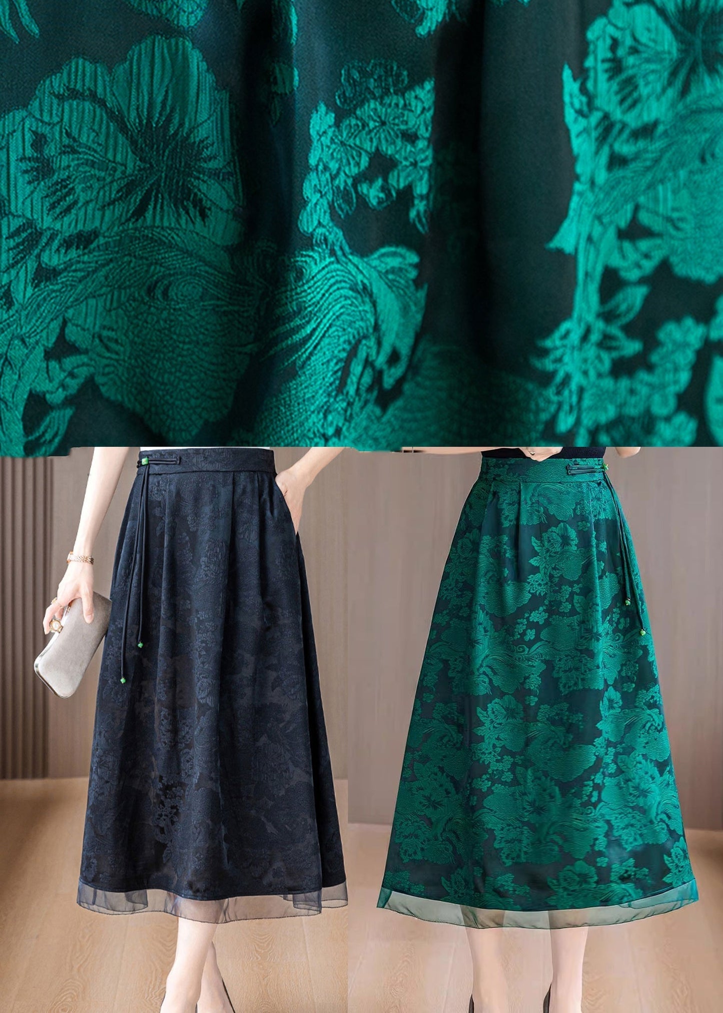 Green Print Silk A Line Skirts Tasseled Summer OO039