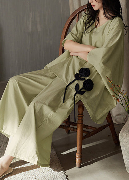 Leg Wide Pants Shirt Solid T Piece Green V Cotton Set And Two