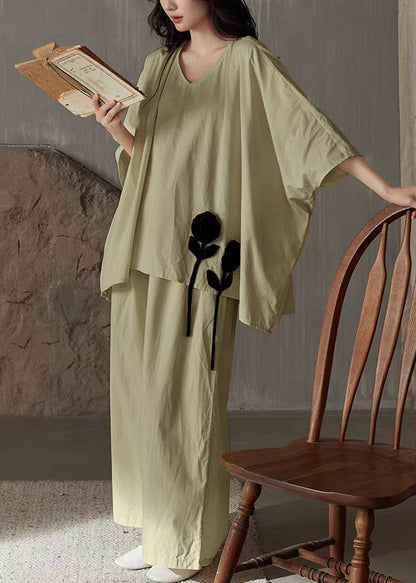 Leg Wide Pants Shirt Solid T Piece Green V Cotton Set And Two