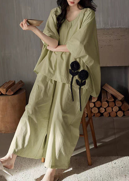 Leg Wide Pants Shirt Solid T Piece Green V Cotton Set And Two