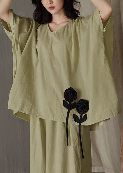 Leg Wide Pants Shirt Solid T Piece Green V Cotton Set And Two