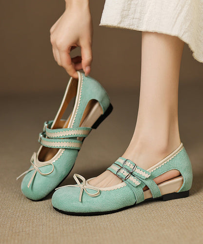 Suede Feet Green Out Shoes Splicing Flat Hollow Bow